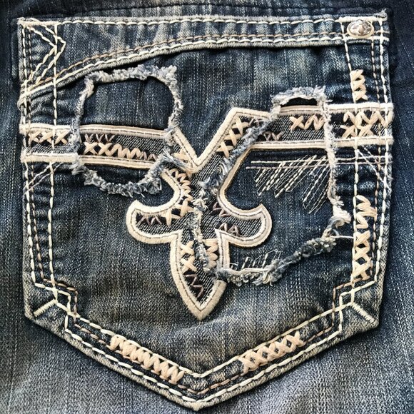 Rock Revival Suhul Straight Jeans Men 38x28 Blue Mid Rise Distressed Embroidered - Picture 13 of 16